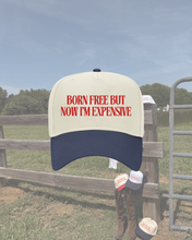 Load image into Gallery viewer, Born Free Trucker Hat- Navy and Natural
