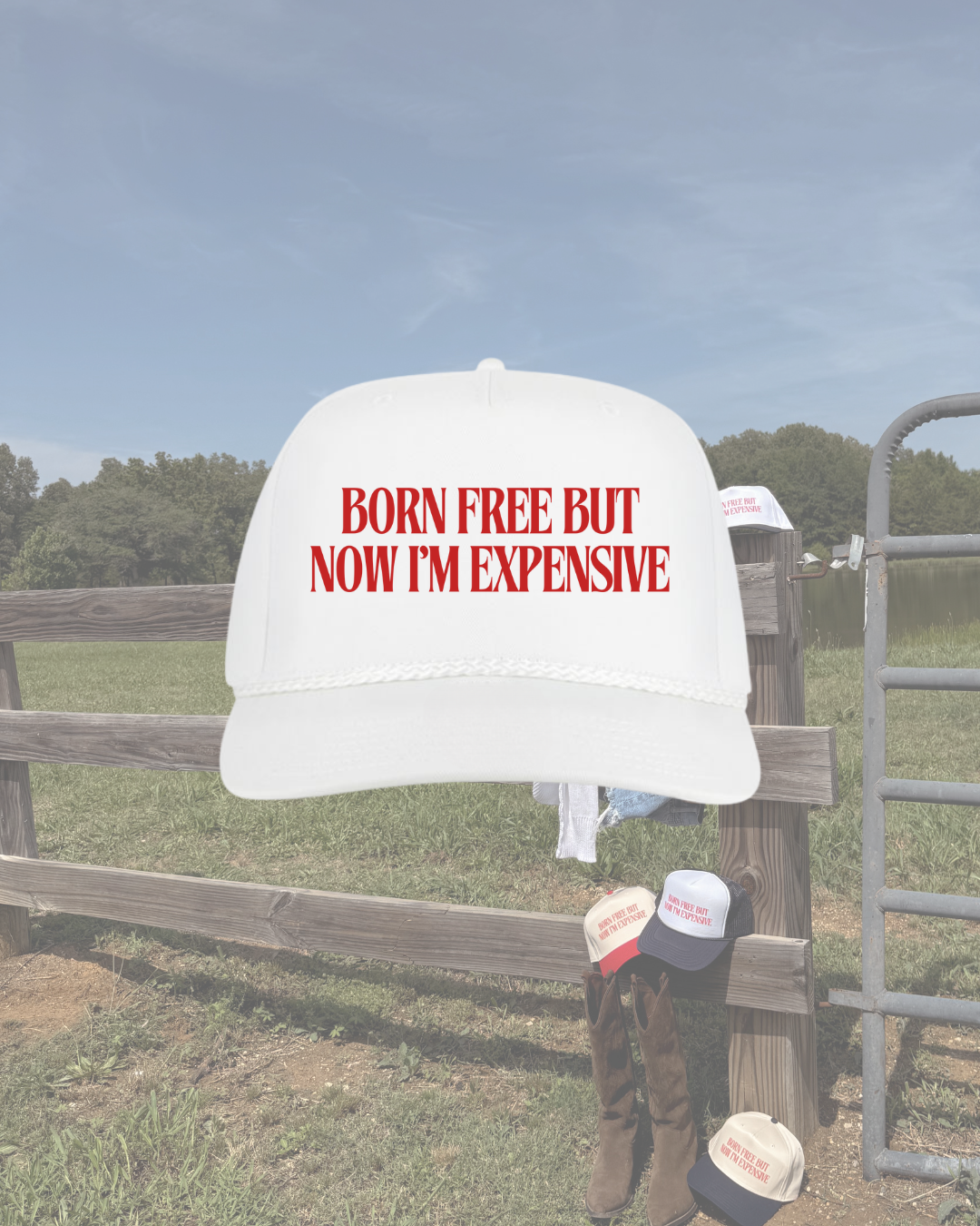 Born Free Trucker Hat- All White with Rope