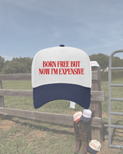 Load image into Gallery viewer, Born Free Trucker Hat- White and Navy
