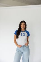 Load image into Gallery viewer, Varsity Number Baby Tee- Blue

