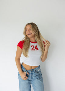 Varsity Number Baby Tee- Red