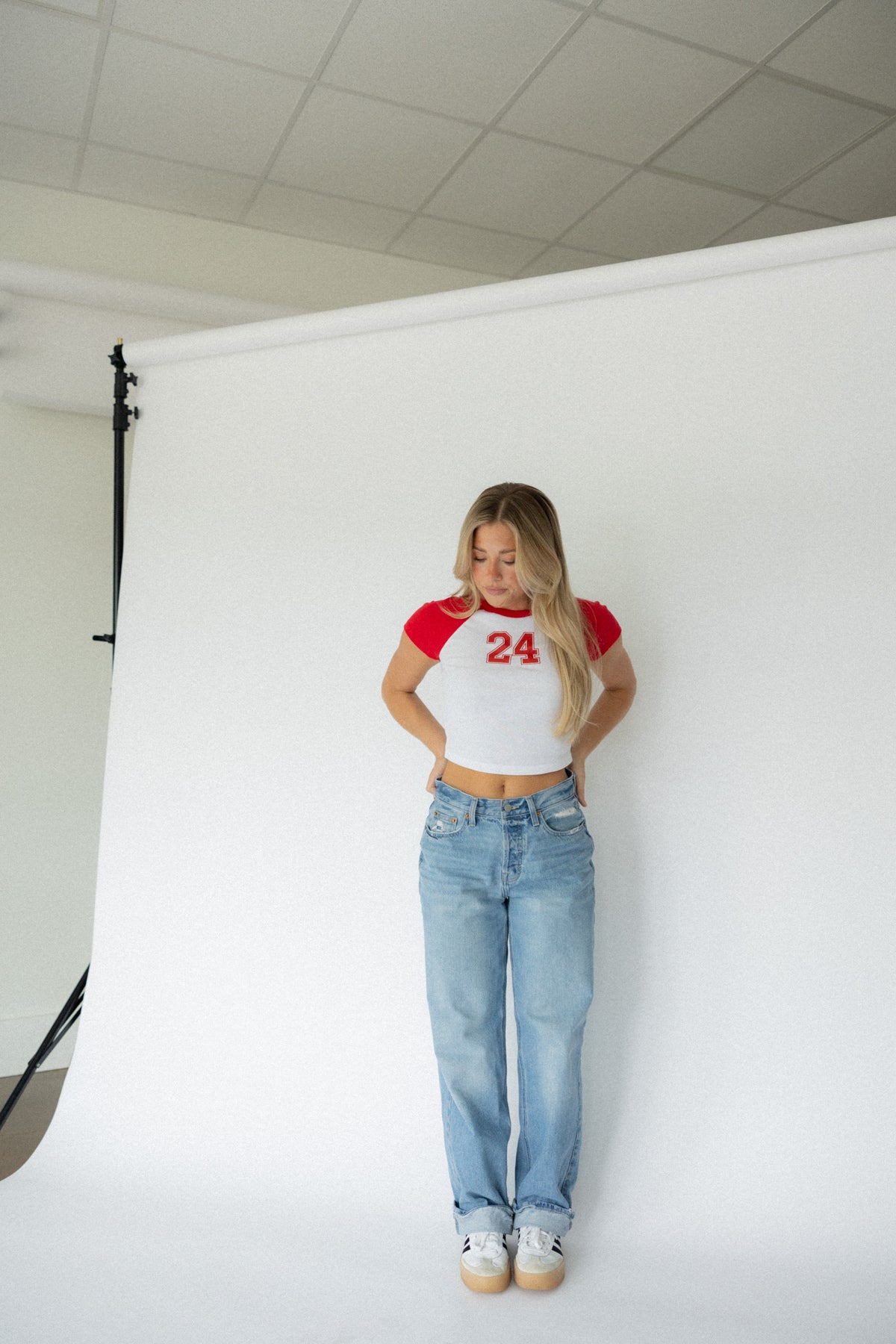 Varsity Number Baby Tee- Red