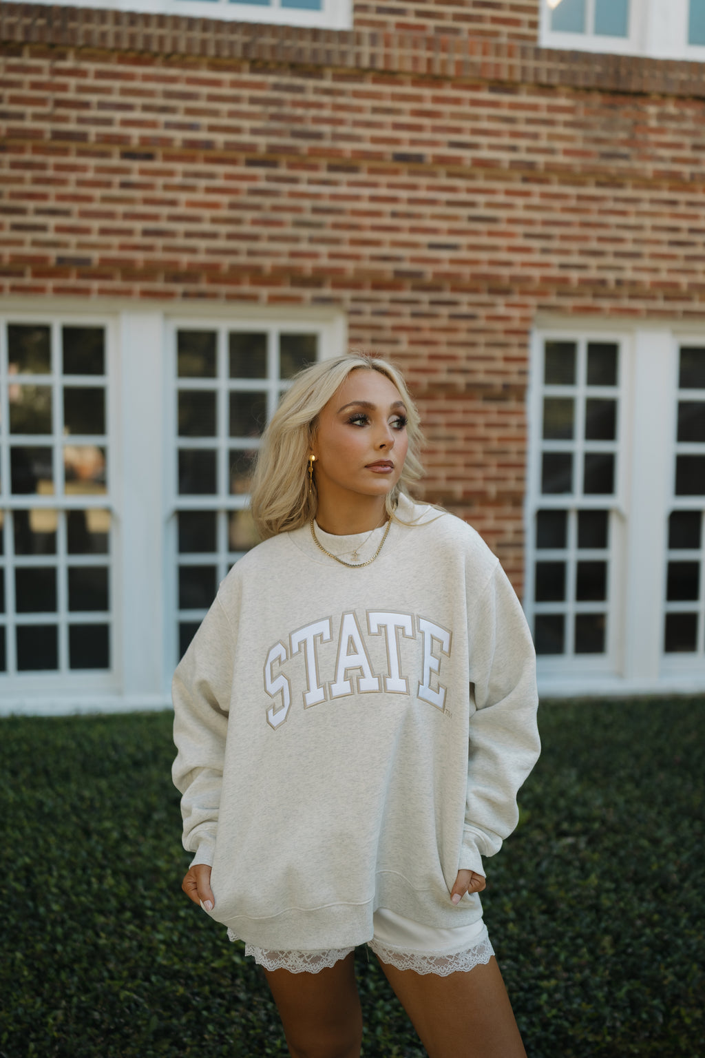 State of Mind Appliqué Mockneck- Oat Grey