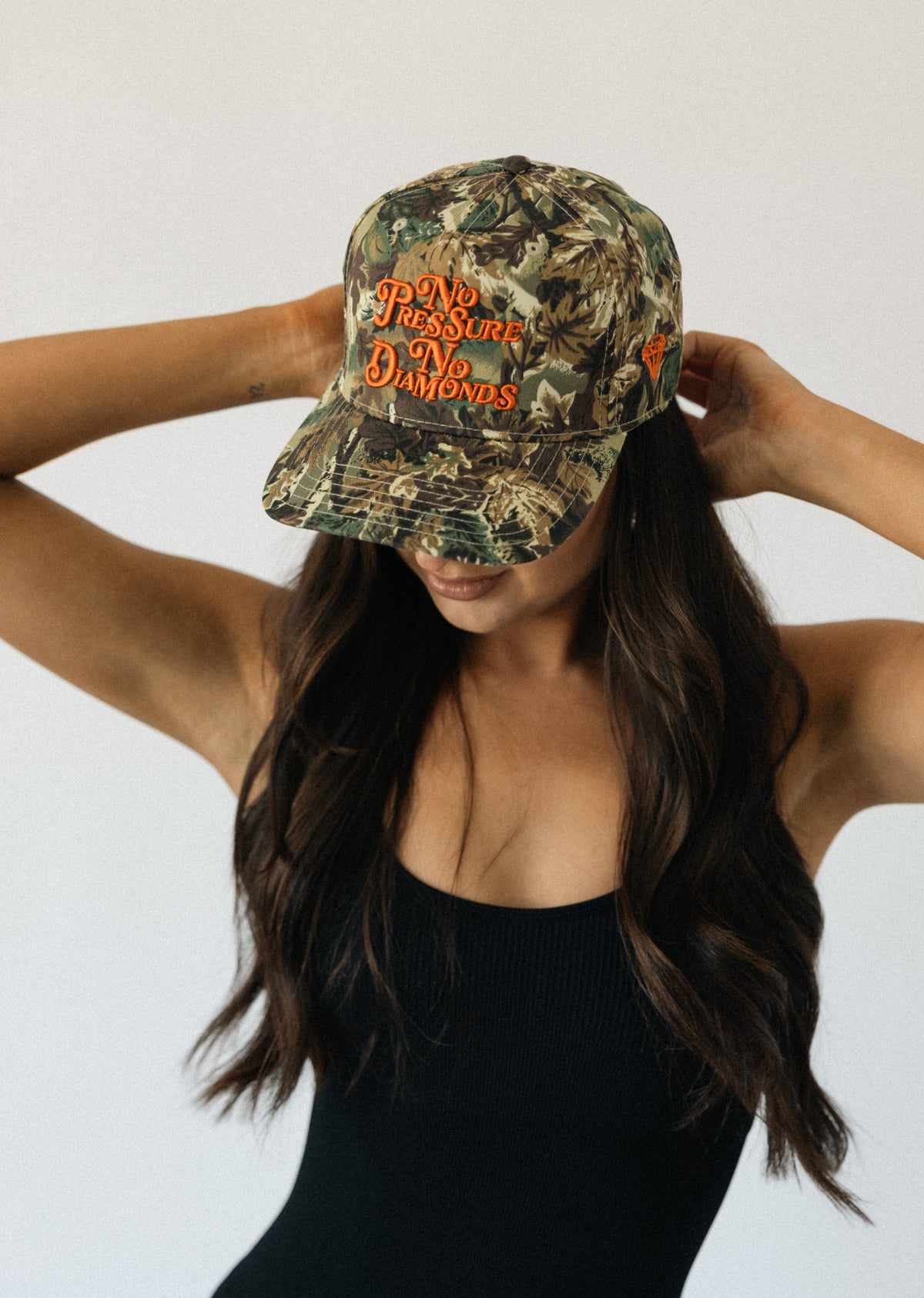 No Pressure, No Diamonds Hat- Camo + Orange