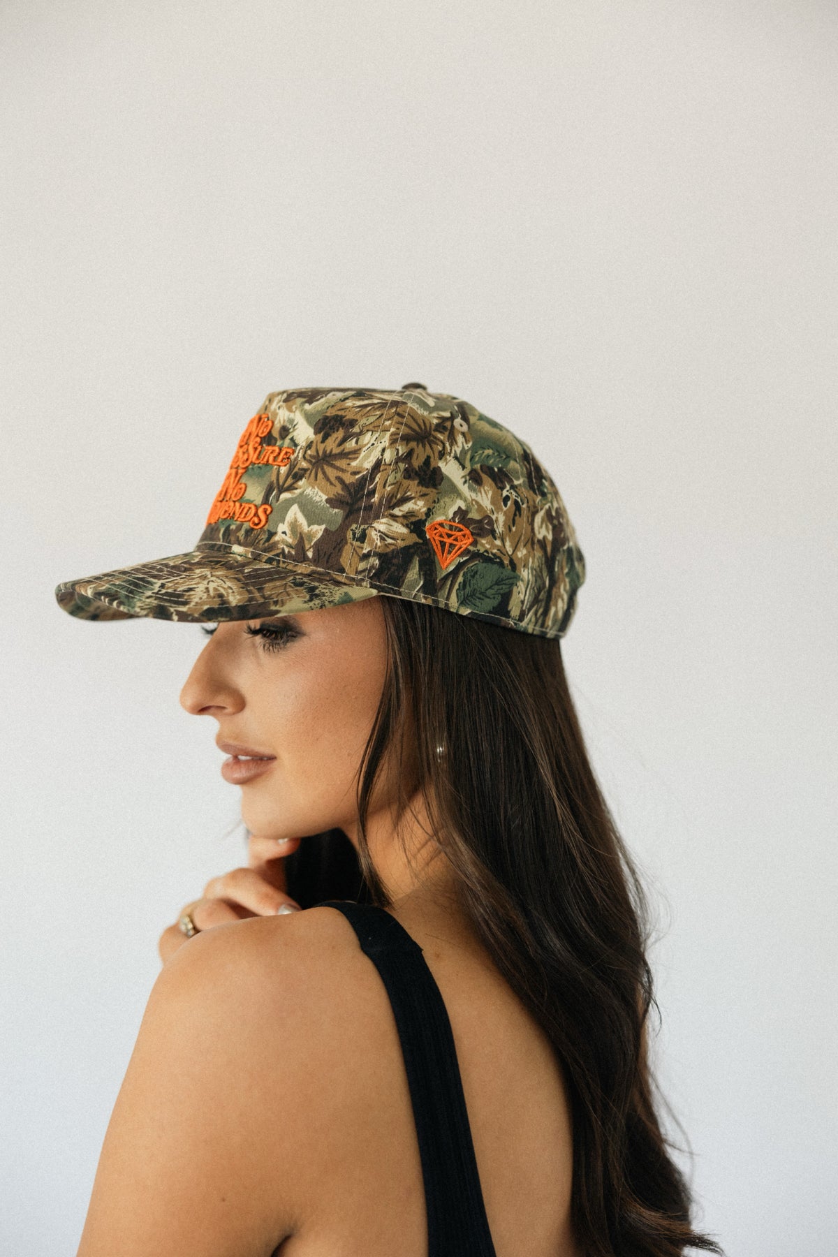 No Pressure, No Diamonds Hat- Camo + Orange