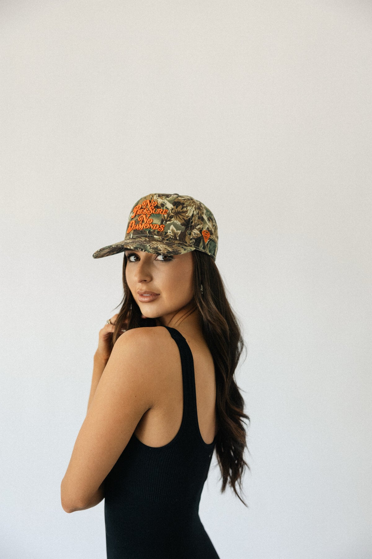 No Pressure, No Diamonds Hat- Camo + Orange