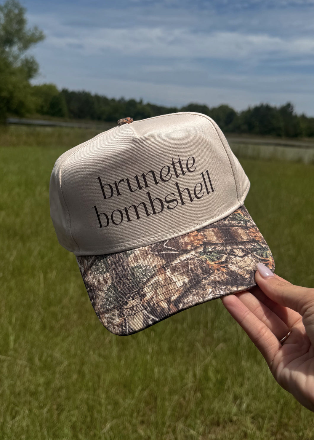 Brunette Bombshell Trucker Hat- Camo